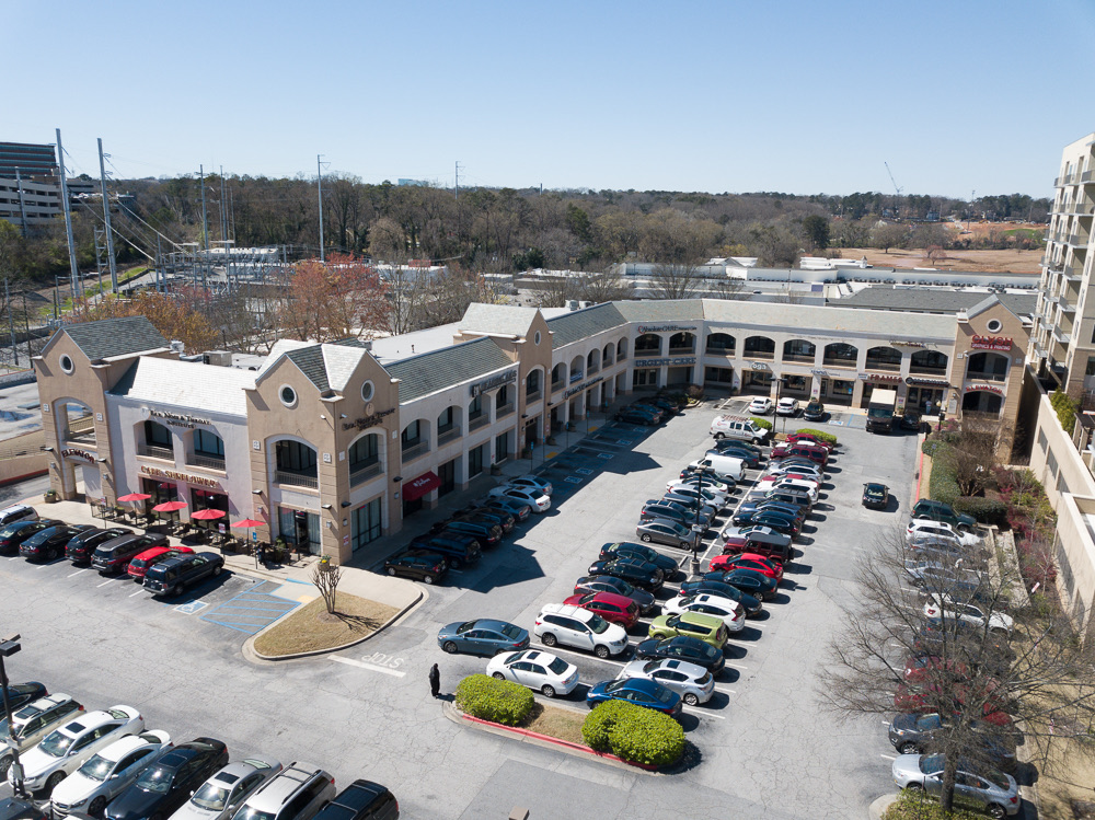 Aerial view of the Brookwood Shopping Plaza on Peachtree Road, home of Atlanta Urgent Care at Peachtree